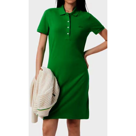 Lacoste Women's Short Sleeve Slim Fit Stretch Pique Polo Dress Swing Green 4 - Picture 1 of 3